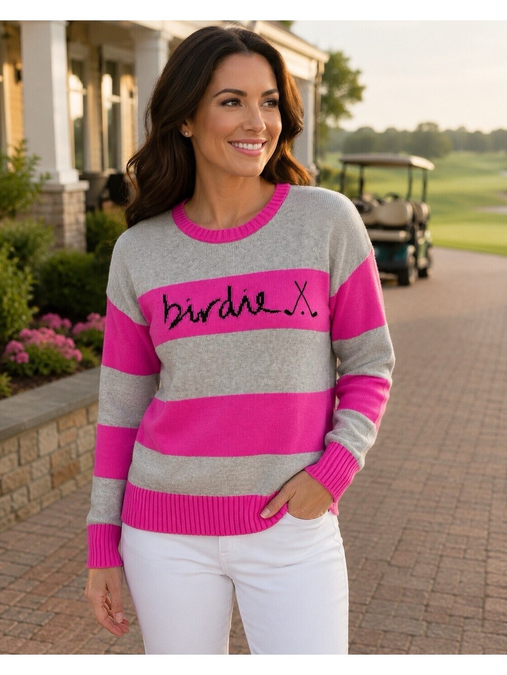 LOFT Birdie Golf Sweater XS Pink Gray Stripe 100% Cotton NWT